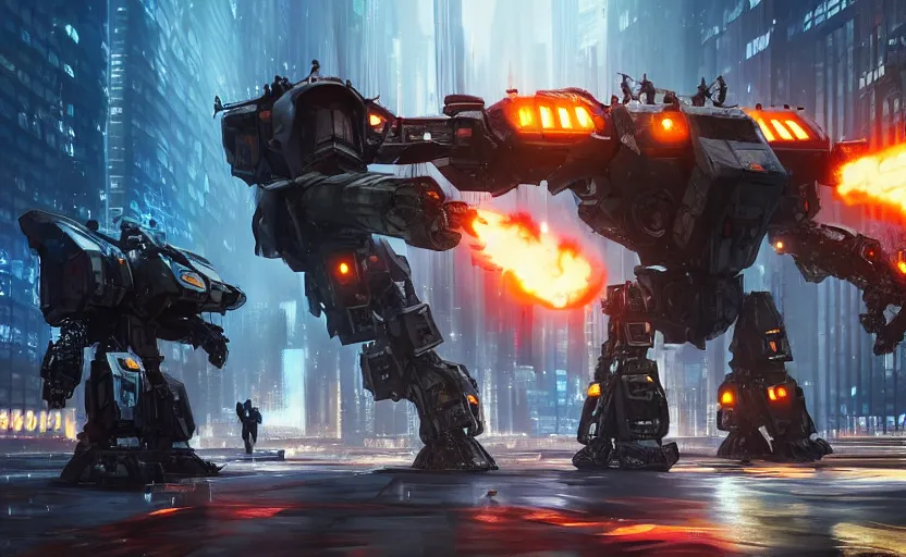 Prompt: an epic fight between two gigantic weaponized mechs in the middle of a futuristic new york city, futuristic, epic, cinematic, raytracing, cyberpunk, 4 k, destructive, awesome, stunning