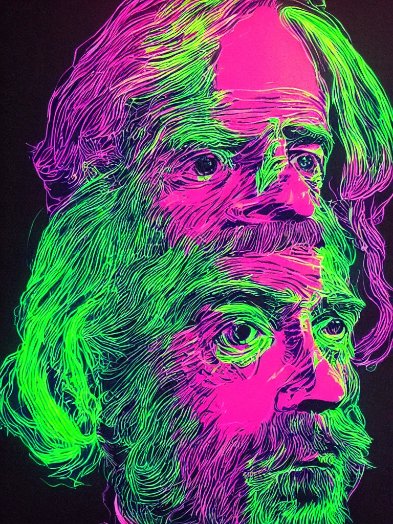 Prompt: portrait of alan watts, illustrated with neon color on black paper