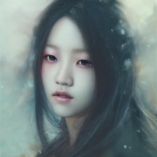 Image similar to jisoo of blackpink, hyperrealistic portrait, bladerunner street, by karol bak and agnes cecile, fantasy art, photo realistic, dynamic lighting, artstation, poster, volumetric lighting, very detailed face, 8 k, award winning