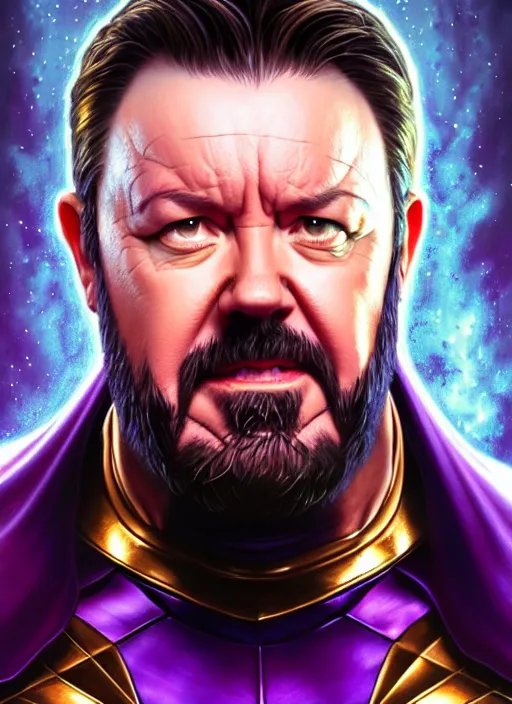 Image similar to portrait of ricky gervais as thanos, muscular! fantasy, intricate, elegant, highly detailed, digital painting, artstation, concept art, smooth, sharp focus, illustration, art by artgerm and greg rutkowski and alphonse mucha