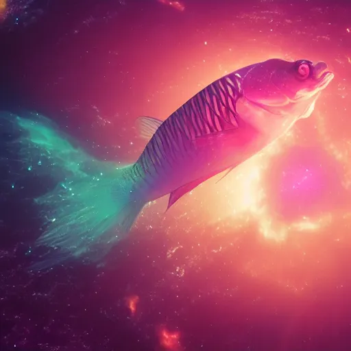 Prompt: unknown undiscovered fish swimming in outer space nebula, 4 k, ultra detail, ultra realistic, 8 k, octane render, unreal engine, beeple