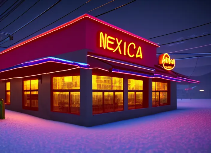 Image similar to exterior photo of a lone mexican restaurant, neon lights, vaporware, in a flat snowy field. 15mm. Very detailed 8k. Sharp. Cinematic post-processing. Unreal engine. Nanite. Ray tracing. Parallax. Tessellation