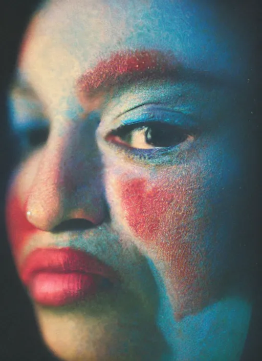 Prompt: extra close-up, color film photography, portrait of woman with vitiligo, in style of nan goldin, blue hour, 35mm, film photo