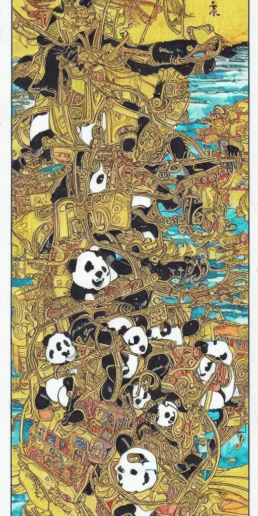 Prompt: a chariot drawn by pandas in japan, 1990s anime, full color, tarot card the chariot, highly detailed, intricate design,