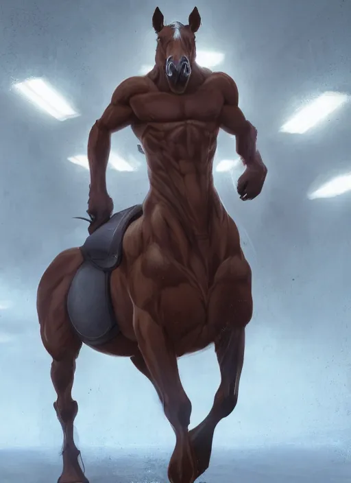 Image similar to splash art of an enormously muscular male anthro horse in a research facility wearing a skintight body armor, long white mane, 8 k, unreal engine, by greg rutkowski, loish, rhads, ferdinand knab, makoto shinkai and lois van baarle, ilya kuvshinov, rossdraws, tom bagshaw