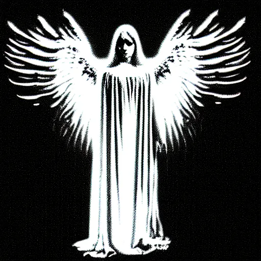 Image similar to vhs static overlay of angel apparition, vhs, 1 9 9 0, highly realistic, highly detailed, vhs noise static, black and white, vhs glitch