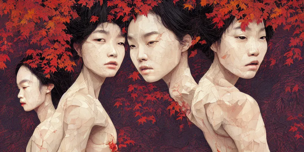 Prompt: breathtaking detailed concept art painting pattern of black faces goddesses amalgamation autumn leaves with anxious piercing eyes, by hsiao - ron cheng and james jean, bizarre compositions, exquisite detail, extremely moody lighting, 8 k