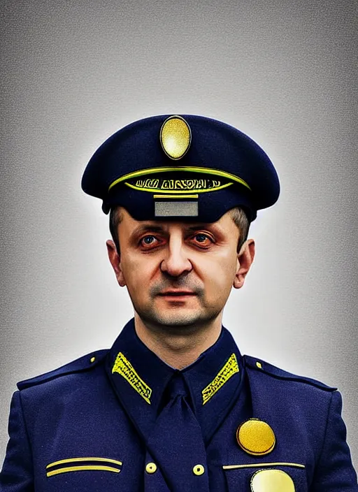 Image similar to volodymyr zelenskyy wearing a police uniform, digital art