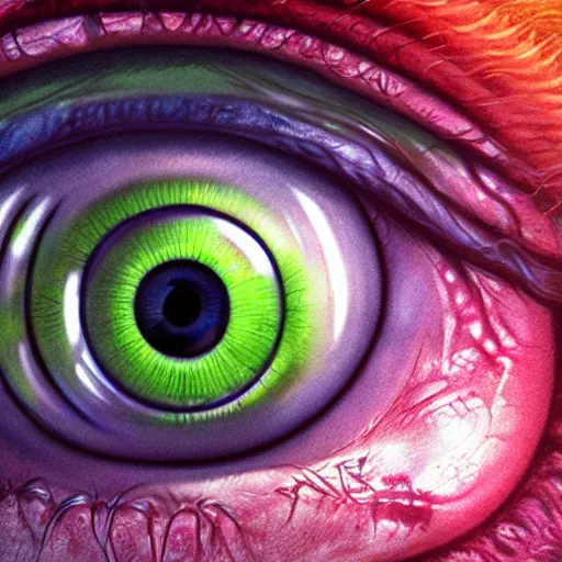 Image similar to photorealistic eye monster in the style of michael whelan. hyperdetailed photorealism, 1 0 8 megapixels, amazing depth, high resolution, 3 d shading, 3 d finalrender, 3 d cinematic lighting, glowing rich colors, psychedelic overtones, artstation concept art.