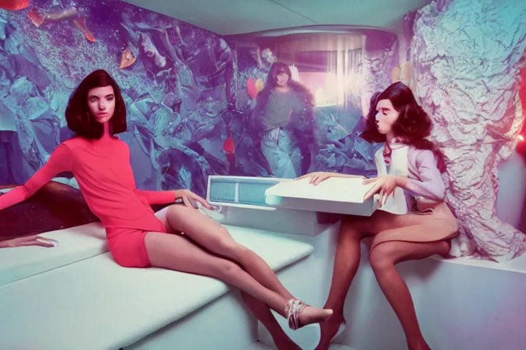 Prompt: first-person view of a vogue female models wearing discowear sitting inside of an unlit lit 1970s underwater chinese convenience star with a soviet computer console on the wall, a suspended fireplace, large semi-translucent windows, lava lamp, an exterior of the deep sea floor with bioluminescent species, ektachrome photograph, volumetric lighting, f8 aperture