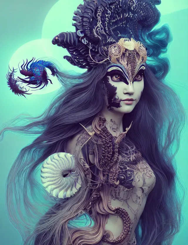 Image similar to 3 d goddess half - turn portrait with long hair with ram skull. beautiful intricately detailed japanese crow kitsune mask and clasical japanese kimono. betta fish, jellyfish phoenix, bio luminescent, plasma, ice, water, wind, creature, artwork by tooth wu and wlop and beeple and greg rutkowski