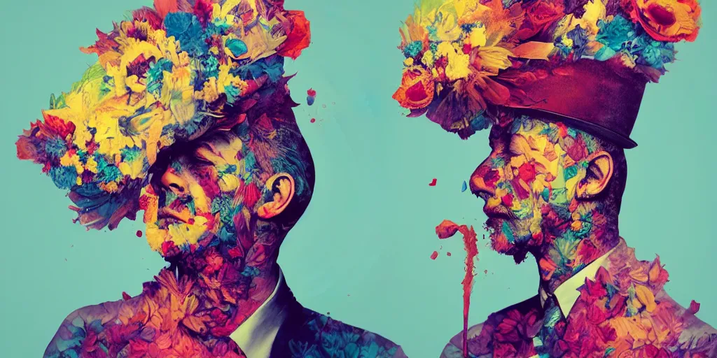 Image similar to an album cover of a man with a strange hat on his head by Alberto Seveso, behance contest winner, award winning, masterpiece, pop surrealism, made of flowers, surrealist-H 1024