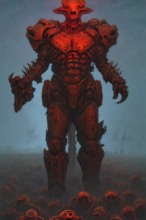 Image similar to portrait of doom slayer wearing his armor standing on top of a pile of demon corpses, heroic pose, by Zdzislaw Beksinski, id software, gothic, amazing details, volumetric lighting, 8k, cold hue's, warm tone gradient background