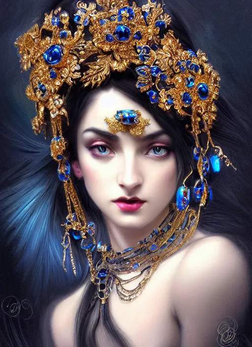 Image similar to beautiful black blue bling bling, complicated jewelry and bling bling flowers in victorian style headwears, dark fantasy, intricate, elegant, highly detailed, digital painting, artstation, highly saturated colors, concept art, matte, 3 d 8 k octane rendered, sharp focus, illustration, octane rendered, art by artgerm and alphonse mucha, leesha hannigan