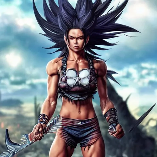 Image similar to warrior girl, muscular girl, wild spiky black saiyan hair, long spiky hair, electrified hair, scimitar, ultra realistic, intricate details, highly detailed, subsurface scattering, photorealistic, octane render, 8 k, art by artgerm, greg rutkowski, magali villeneuve, alphonse mucha