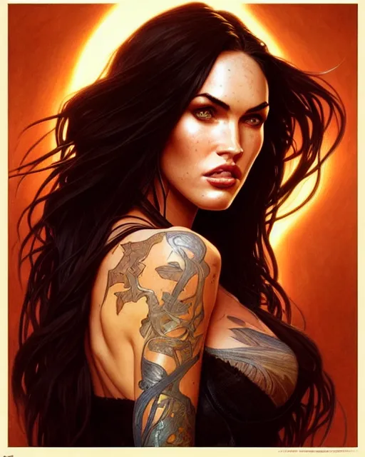 Image similar to portrait of megan fox with sultry face expression, glowing eyes, intricate, headshot, highly detailed, digital painting, artstation, concept art, sharp focus, cinematic lighting, illustration, art by artgerm and greg rutkowski, alphonse mucha, cgsociety