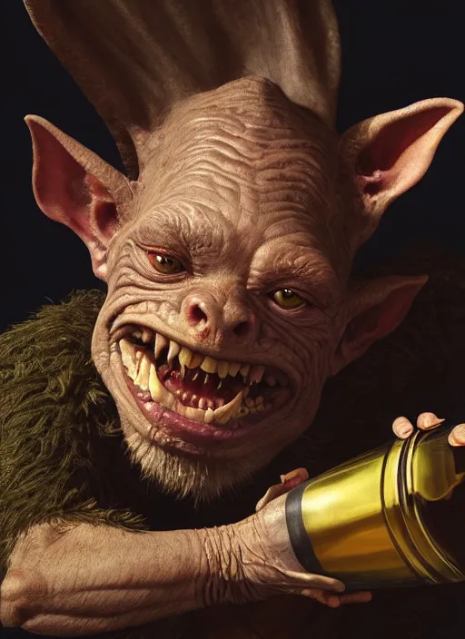 Image similar to highly detailed closeup portrait of a medieval goblin drinking wine, stephen bliss, unreal engine, greg rutkowski, ilya kuvshinov, ross draws, hyung tae and frank frazetta, tom bagshaw, tom whalen, nicoletta ceccoli, mark ryden, earl norem, global illumination, god rays, detailed and intricate environment