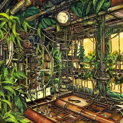 Prompt: Inside a steampunk machine room with lush vegetation growing around the machines, tropical trees, large leaves, flowers, vintage science fiction illustration