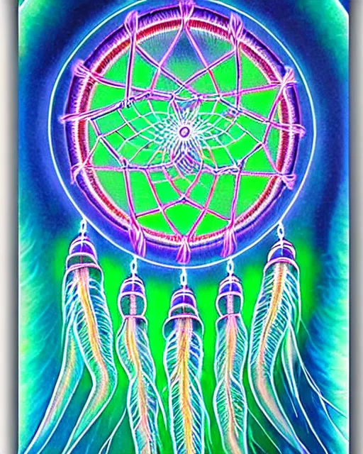 Image similar to detailed realistic dreamcatcher geometric glow painting a jellyfish emitting light in the cosmos by alex grey symmetry