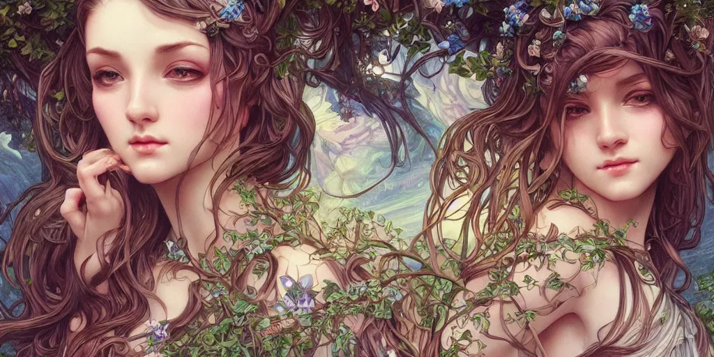 Image similar to a photograpic of lady nature, cute, fantasy, intricate, elegant, highly detailed, digital painting, artstation, concept art, smooth, sharp focus, illustration, art by artgerm and H R Giger and alphonse mucha