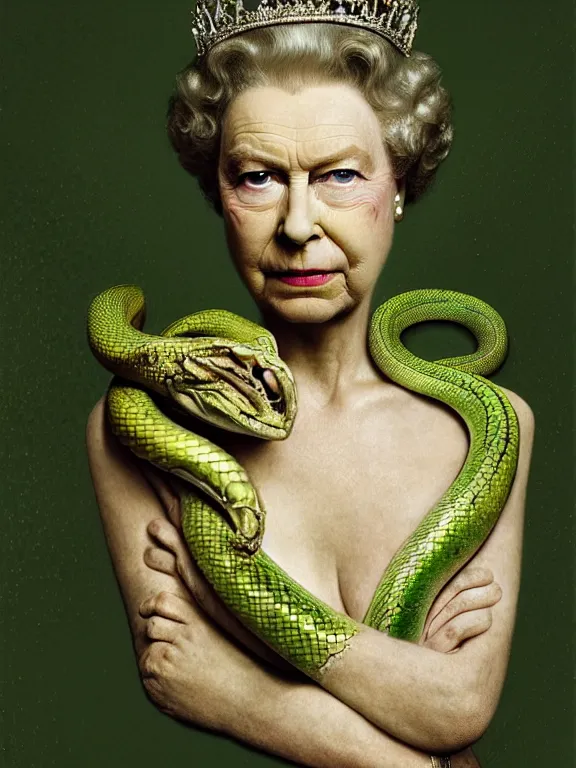 Image similar to portrait of queen elizabeth, skin peeling to reveal green! scales!, forked snake tongue sticking out, art by ryo shiotani and greg rutkowski, intricate, beautiful, portrait photography, cinematic lighting, vintage art by serge ivanoff, high resolution, very detailed
