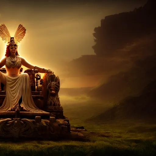 Image similar to cinematic scene with the goddess of war sitting on a majestic throne, dramatic, small details, volumetric lighting, still frame