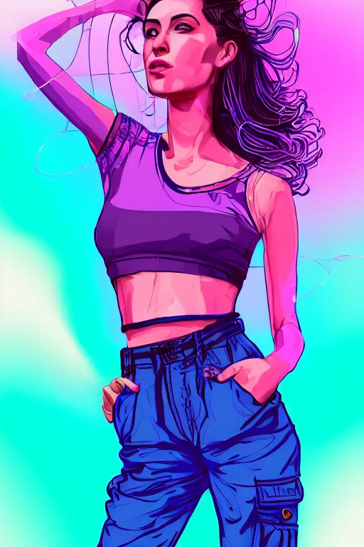 Image similar to a award winning half body portrait of a beautiful woman with stunning eyes in a croptop and cargo pants with ombre purple pink teal hairstyle and hands in pockets by thomas danthony, surrounded by whirling illuminated lines, outrun, vaporware, shaded flat illustration, digital art, trending on artstation, highly detailed, fine detail, intricate