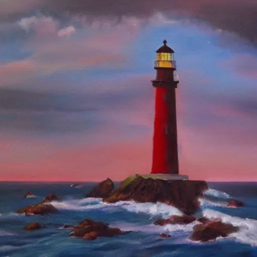 Image similar to an oil painting of a lighthouse overlooking an ocean made of blood, epic