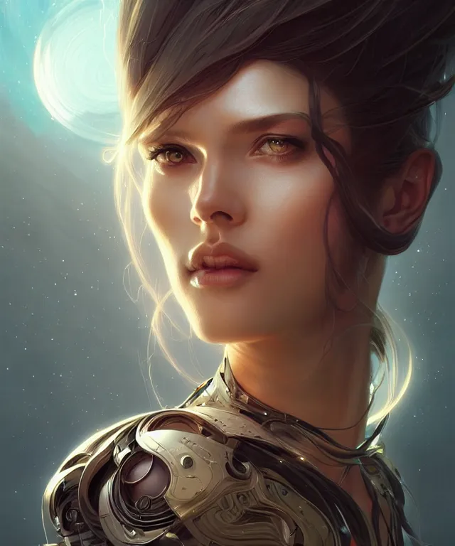 Prompt: futuristic woman portrait, sci-fi, amber eyes, face, long hair, fantasy, intricate, elegant, highly detailed, digital painting, artstation, concept art, smooth, sharp focus, illustration, art by artgerm and greg rutkowski and alphonse mucha