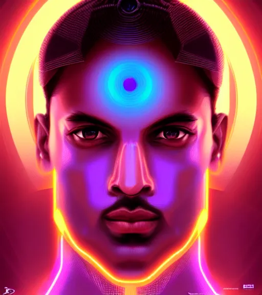 Prompt: symmetry!! indian prince of technology, solid cube of. light, hard edges, product render retro - futuristic poster scifi, lasers and neon circuits, brown skin handsome indian prince, intricate, elegant, highly detailed, digital painting, artstation, concept art, smooth, sharpfocus, illustration, dreamlike, art by artgerm
