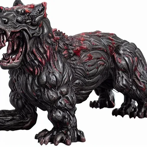 Prompt: horrifying rampaging beast, Cerberus hellhound with a thousand bloody maws, rippling with muscle and hatred, Precious Moments figurine, collectible, Amazon product photo