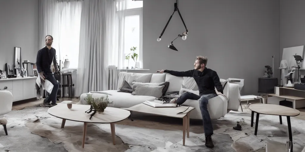 Image similar to a nordic interior design at the camera 8 k, attractive man admiring the furniture