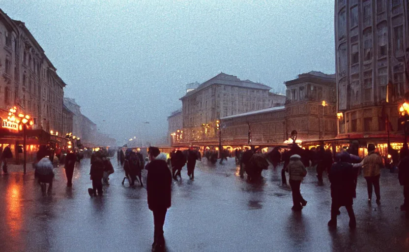 Prompt: 1990s movie still of a youslavian street with many pedestrians with stalinist style highrise, Cinestill 800t 18mm, heavy grainy picture, very detailed, high quality, 4k panoramic, HD criterion, dramatic lightning, streetlight at night, rain, mud, foggy, many CCCP flags