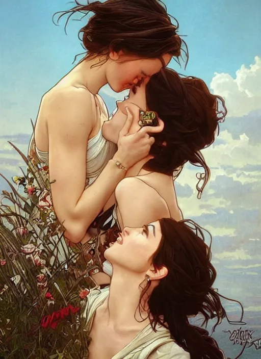 Prompt: megan fox kissing emma watson. beautiful detailed face. by artgerm and greg rutkowski and alphonse mucha