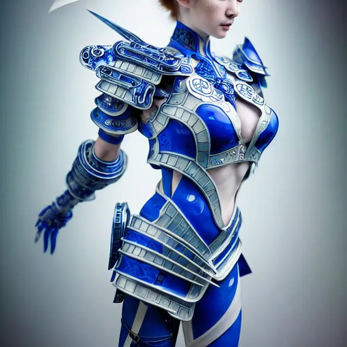 Image similar to porcelain cyborg armor, Chinese Blue and white porcelain 24th century, diffuse lighting, fantasy, intricate, elegant, highly detailed, lifelike, photorealistic, digital painting, artstation, illustration, concept art, smooth, sharp focus, art by John Collier and Albert Aublet and Krenz Cushart and Artem Demura and Alphonse Mucha