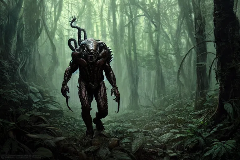 Image similar to ultra realistic, predator walking through dark forest, sci - fi, intricate details, eerie, highly detailed, octane render, 8 k, art by artgerm and alphonse mucha and greg rutkowski