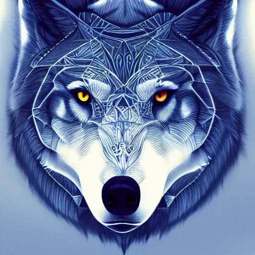 Image similar to Geometric Wolf, moon in the background, intricate, elegant, highly detailed, digital painting, artstation, concept art, smooth, sharp focus, illustration, art by artgerm