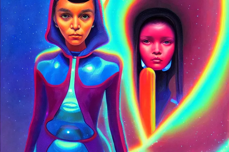 Image similar to patron saint of 🛸🌈👩🏾, futuristic clothing, neon god of city character portrait, in the style of margaret keane, moebius, tom bagshaw, and waterhouse, cinematic lighting, beautiful, elegant, oil painting,