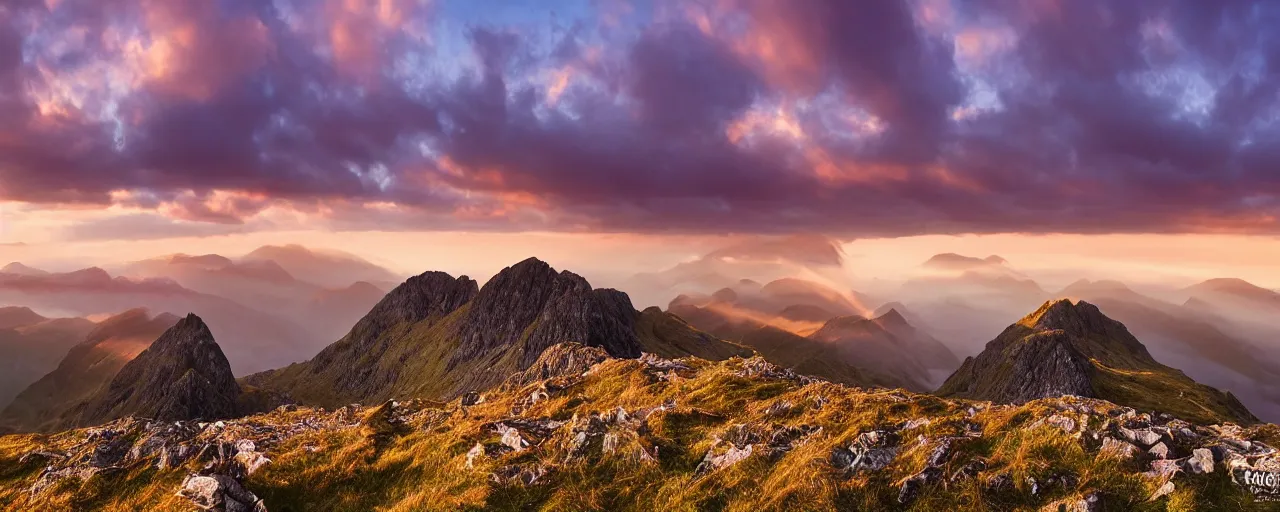 Image similar to Crib Goch!!!!!!!!!!! ridge, rays, epic, cinematic, photograph, atmospheric, dawn, golden hour, sunrise, purple golden blue sky clouds