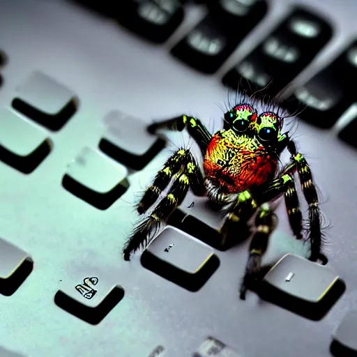 Image similar to a jumping spider using tiny computer keyboard tiny, by pixar, macro lens, iridescent, photomontage