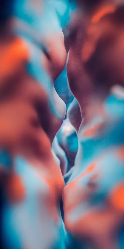 Image similar to a blurry closeup picture of abstract gorgeous human bodies gripping each other tightly, macro photography, long exposure photograph, surrealism, anamorphic bokeh, orange and cyan lighting, cinematic