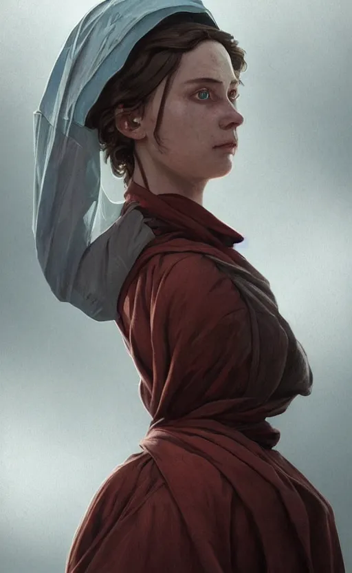 Image similar to portrait of a dystopian woman wearing an outfit inspired by the handmaid ’ s tale ( 2 0 1 7 ), intricate, headshot, highly detailed, digital painting, artstation, concept art, sharp focus, cinematic lighting, digital painting, art by artgerm and greg rutkowski, alphonse mucha, cgsociety