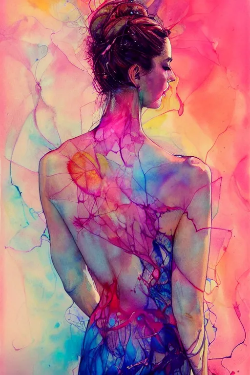 Prompt: sophia vergara by agnes cecile enki bilal moebius, intricated details, 3 / 4 back view, hair styled in a bun, bendover posture, full body portrait, extremely luminous bright design, pastel colours, drips, autumn lights