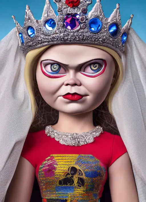 Image similar to closeup face profile portrait of a tin toy greta thunberg as the bride of chucky as a fairytale princess wearing a crown, bikini, depth of field, zeiss lens, detailed, fashion photoshoot, by nicoletta ceccoli, mark ryden, lostfish, breathtaking, 8 k resolution, extremely detailed, beautiful, establishing shot, artistic, hyperrealistic, octane render
