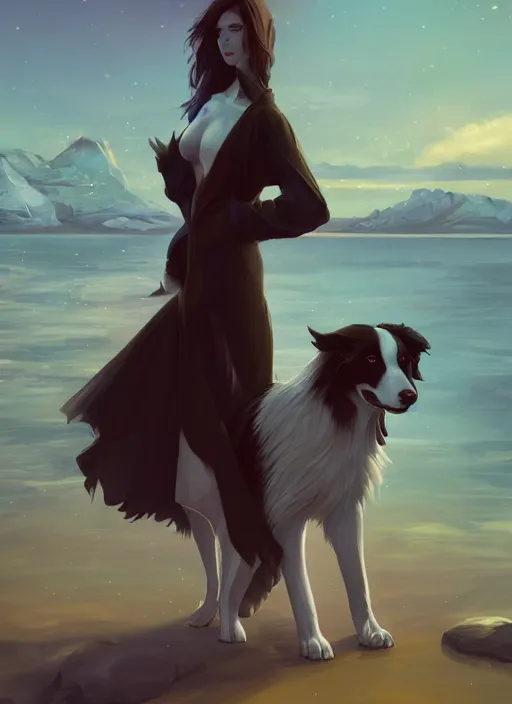 Prompt: wide angle beautiful full body portrait of a strong male anthropomorphic anthro border collie fursona in an evening gown on a pier on a lake at night, character design by charlie bowater, henry asencio, and ross tran, disney, detailed, aesthetic, trending on artstation, furaffinity, deviantart