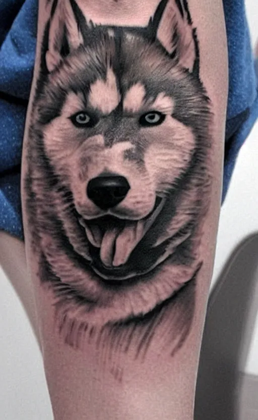 Image similar to a tattoo of a husky dog, detailed, tattoo,