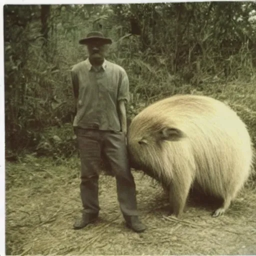 Image similar to old polaroid photo of an old man holding a rifle and standing proudly next to a giant capybara sleeping