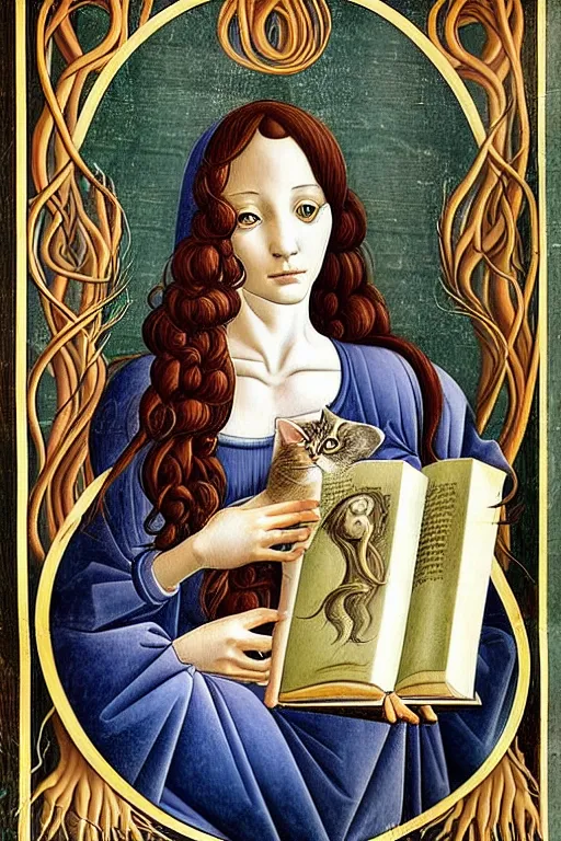 Image similar to botticelli illustration of romantic girl, her cat and her book of necronomicon, symmetrical, cinematic, sharp focus, 4 k, ultra hd, sense of awe, sinister demonic atmosphere, dreadful, forbidden knowledge, old gods, cthulhu, yog - sothoth! yah, yah, yah! cultist journal cover