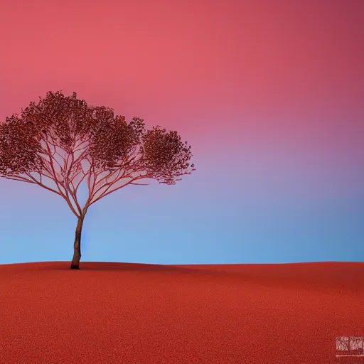 Image similar to Red sand desert,tree,cloudy,windy,dusk,cinematic composition,cinematic lighting,photo real,hyper realistic,highly detailed,8k render