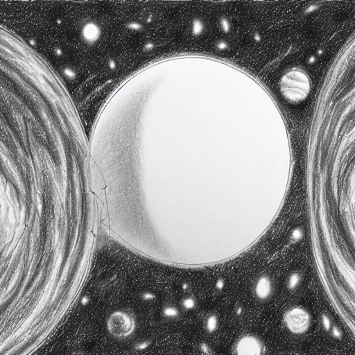 Image similar to sketch of an omnipotent being inside a void creating new worlds in the shape of white glowing spheres
